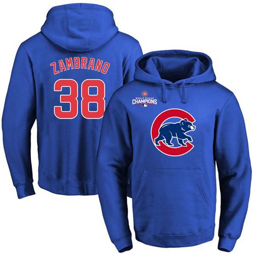 Cubs #38 Carlos Zambrano Blue 2016 World Series Champions Primary Logo Pullover MLB Hoodie - Click Image to Close